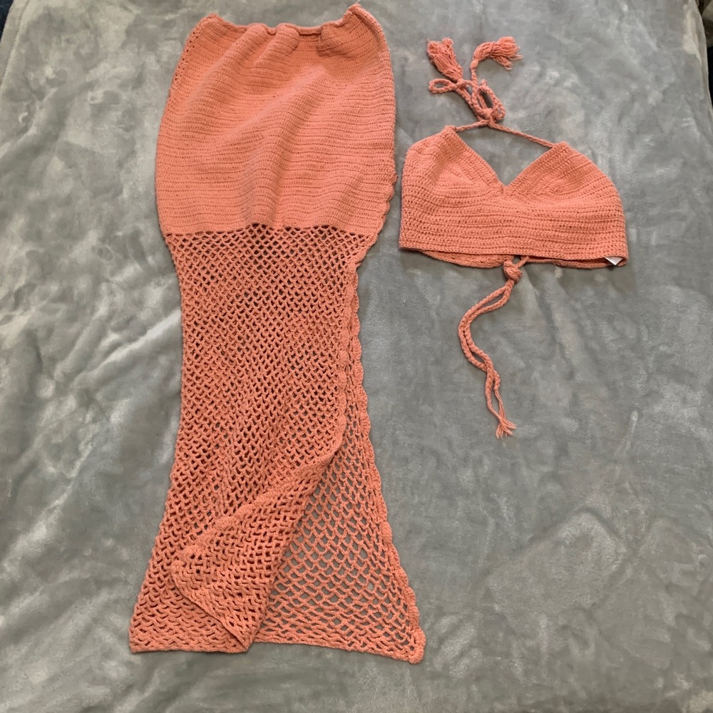 Lusana Coral Crochet 2 Piece Set Halter Top Maxi Skirt Size XS Cotton Beachwear